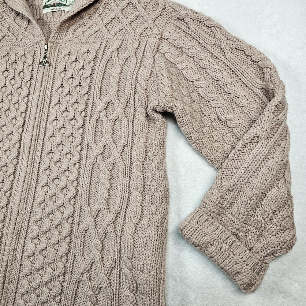Aran Crafts Irish Wool Cable Knit Full Zip Cardigan Hoodie Womens XS Toupe Long - Picture 6 of 15